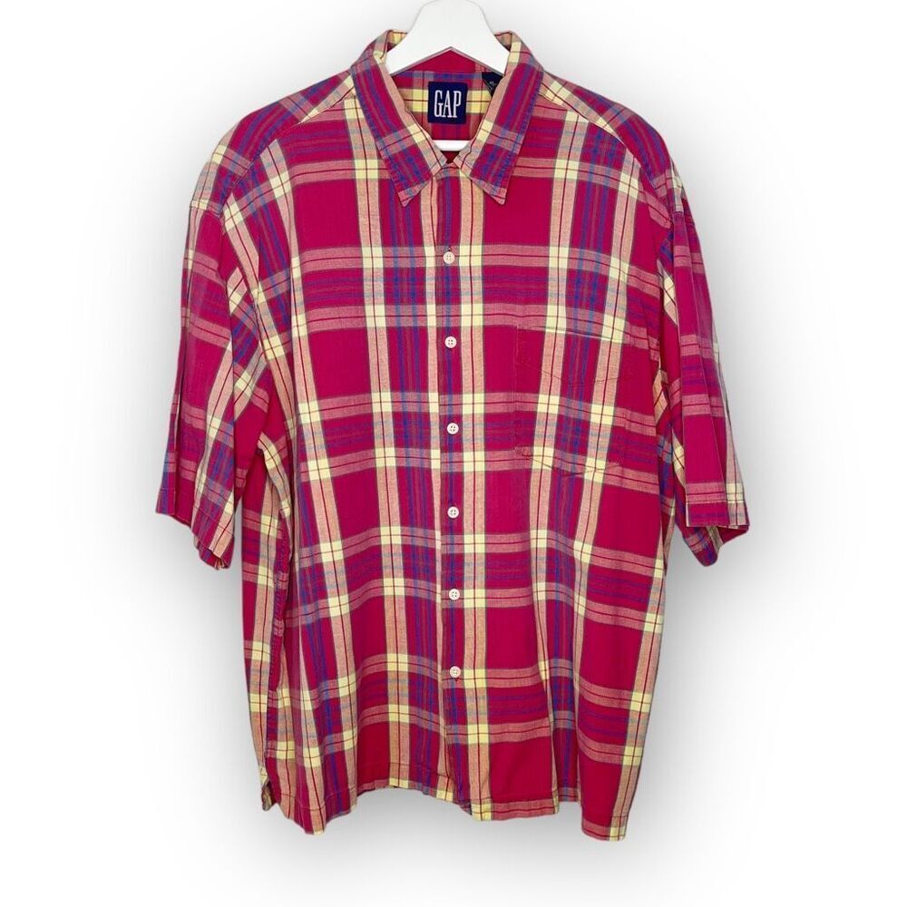 GAP Gap Tartan Pink Plaid Short Sleeve Button Up Polo Shirt Mens Size XL Vintage